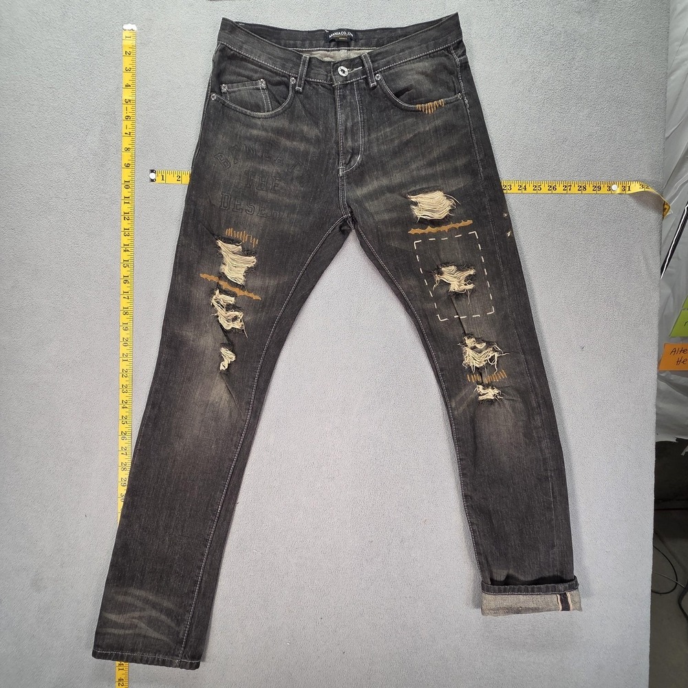 Selvedge Jeans Mens Charcoal Gray Slim Skinny Thrashed Destroyed Fits 29x30